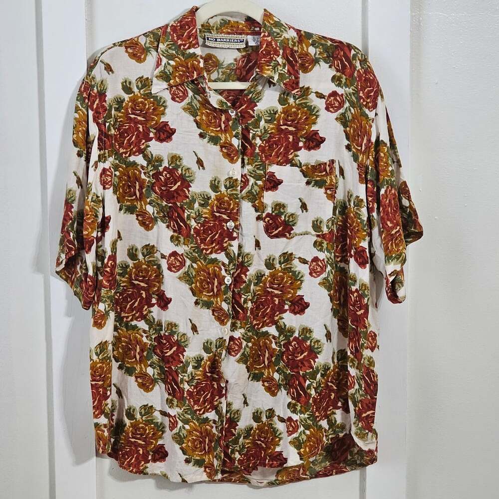 Vintage No Barriers Floral Linen Rayon Shirt L Cottagecore Boho Rose Button Up
